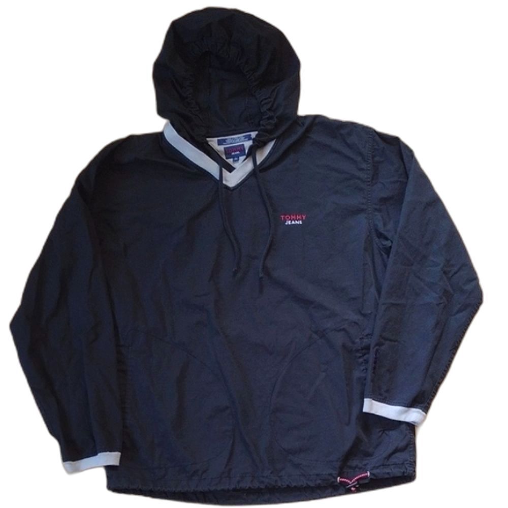 Vintage Tommy Jeans Dark Blue Hooded V Neck Jacket Shirt Size Large